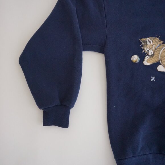 VTG Morning Sun Vintage Cat Sweatshirt Navy Blue Pink Collar 90s Grandma Cozy L - Picture 7 of 10
